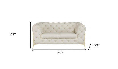 69" Beige And Gold Italian Leather Loveseat - Loft&Timber