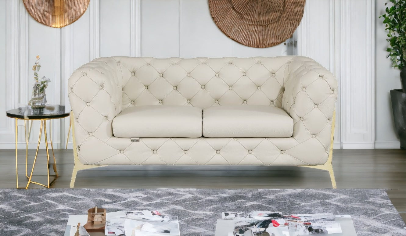 69" Beige And Gold Italian Leather Loveseat - Loft&Timber