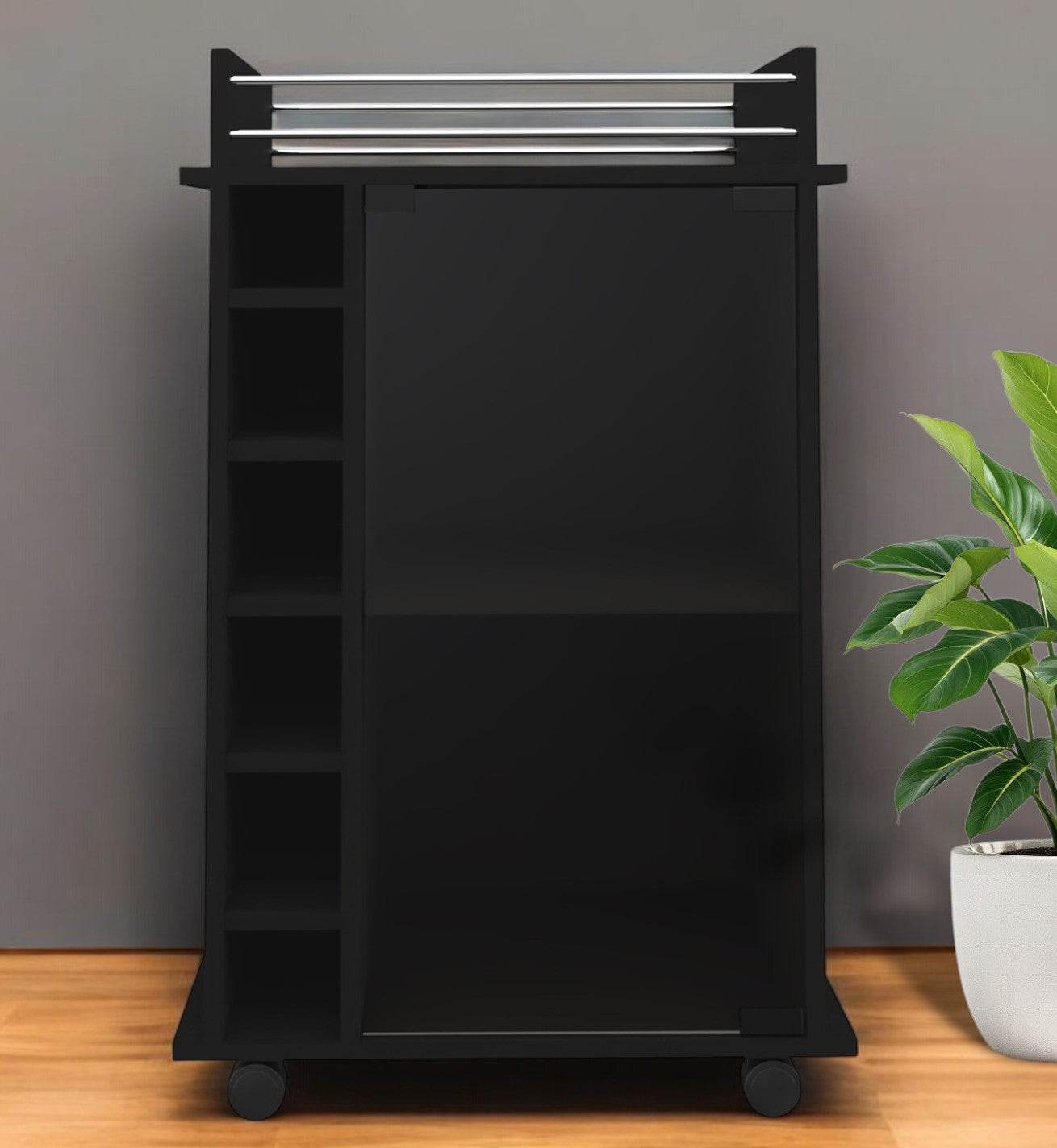 Black Rolling Bar Cart With Wine Storage - Loft&Timber