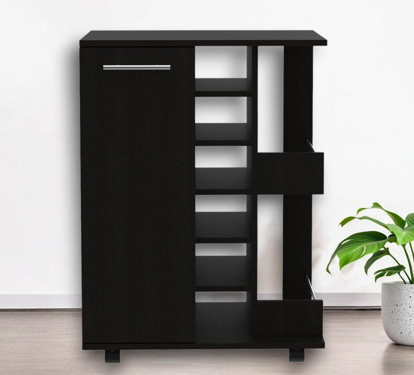 Black Rolling Bar Cart With Wine Storage - Loft&Timber