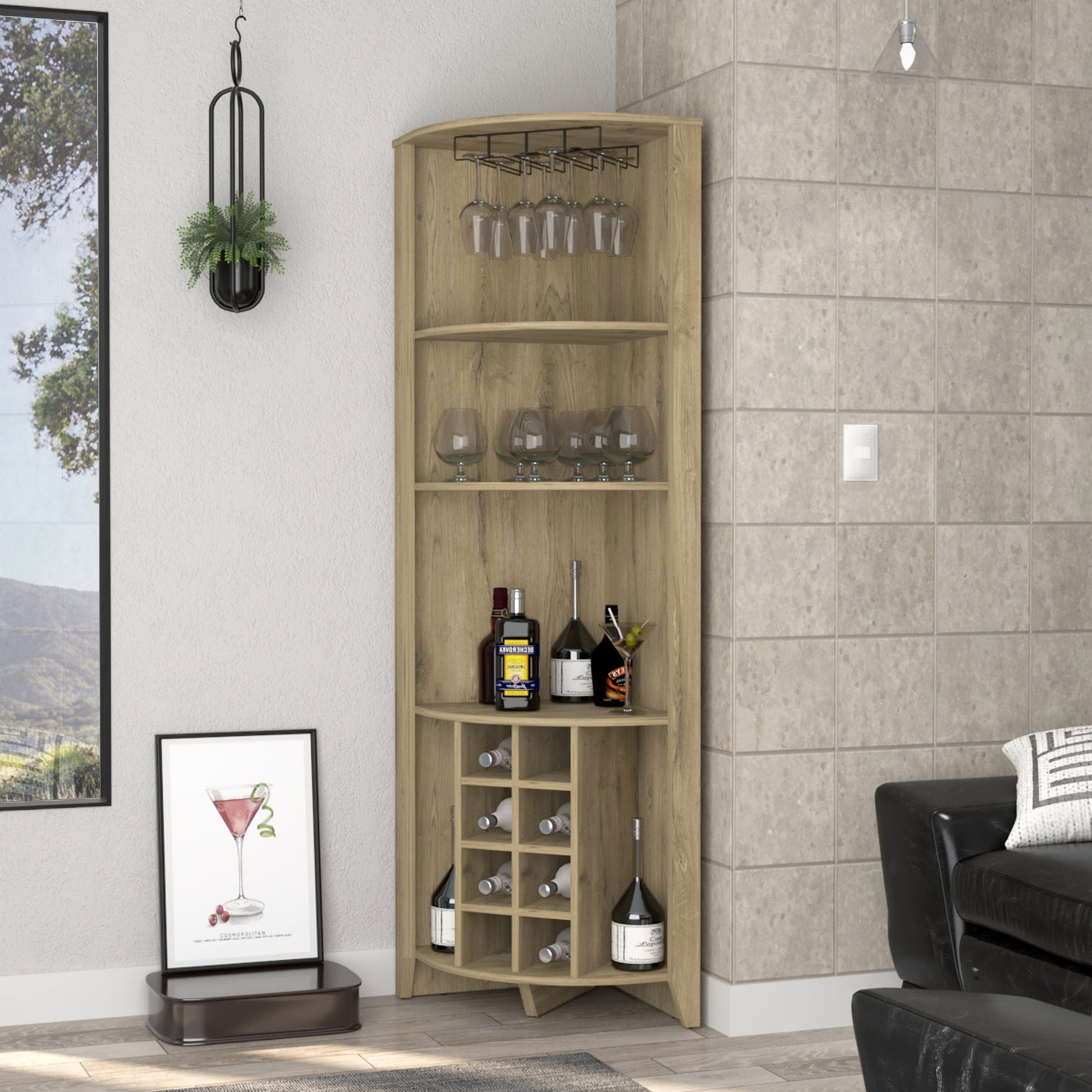 71" Light Brown Wood Corner Bar Cabinet - Loft&Timber