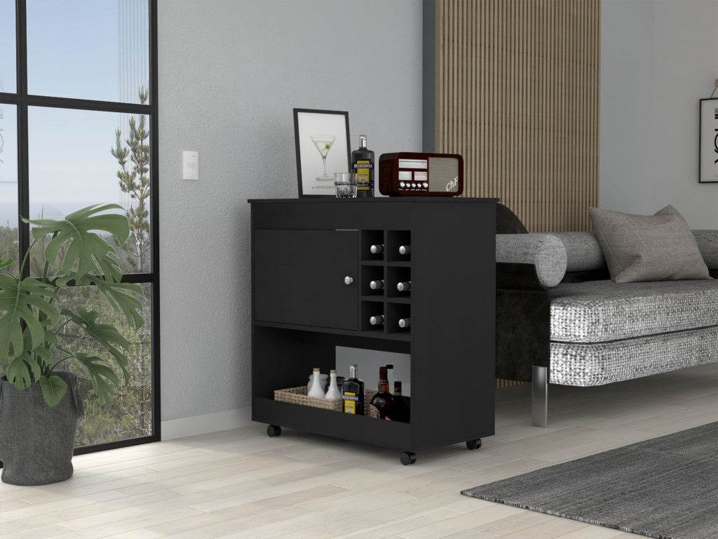 Black Rolling Bar Cart With Wine Storage - Loft&Timber
