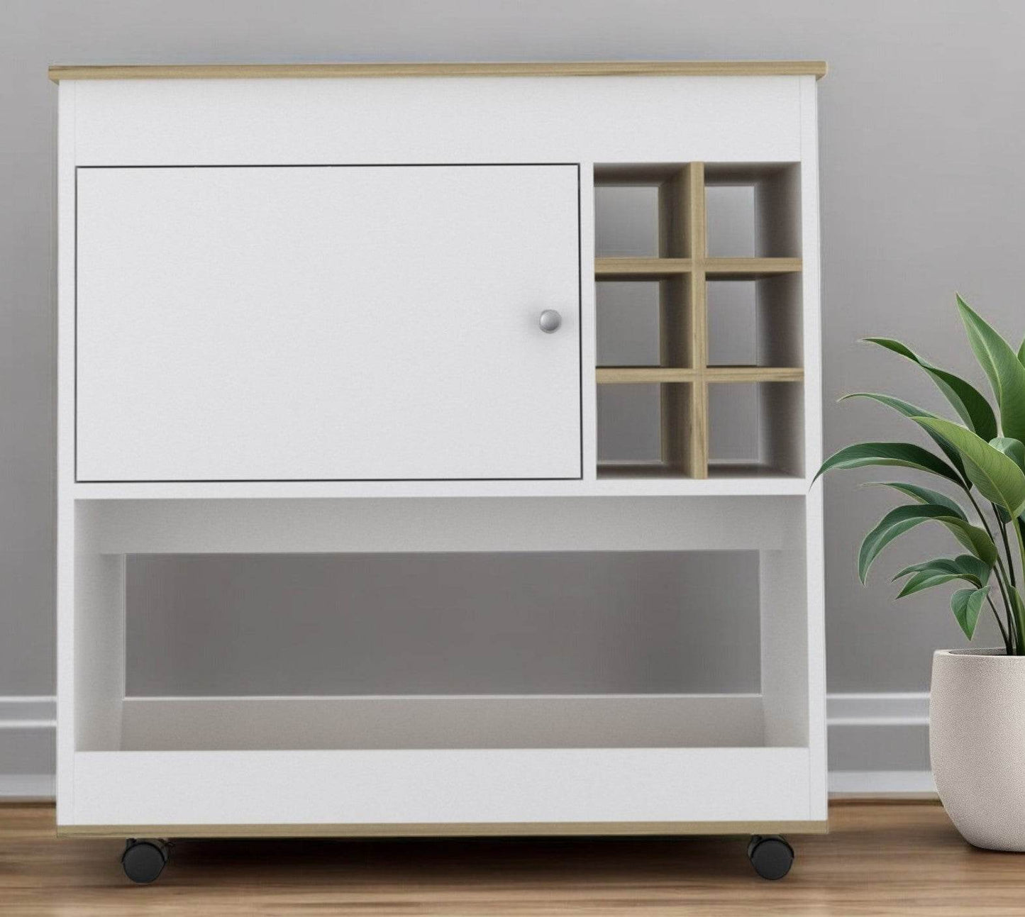 Brown and White Rolling Bar Cart With Wine Storage - Loft&Timber