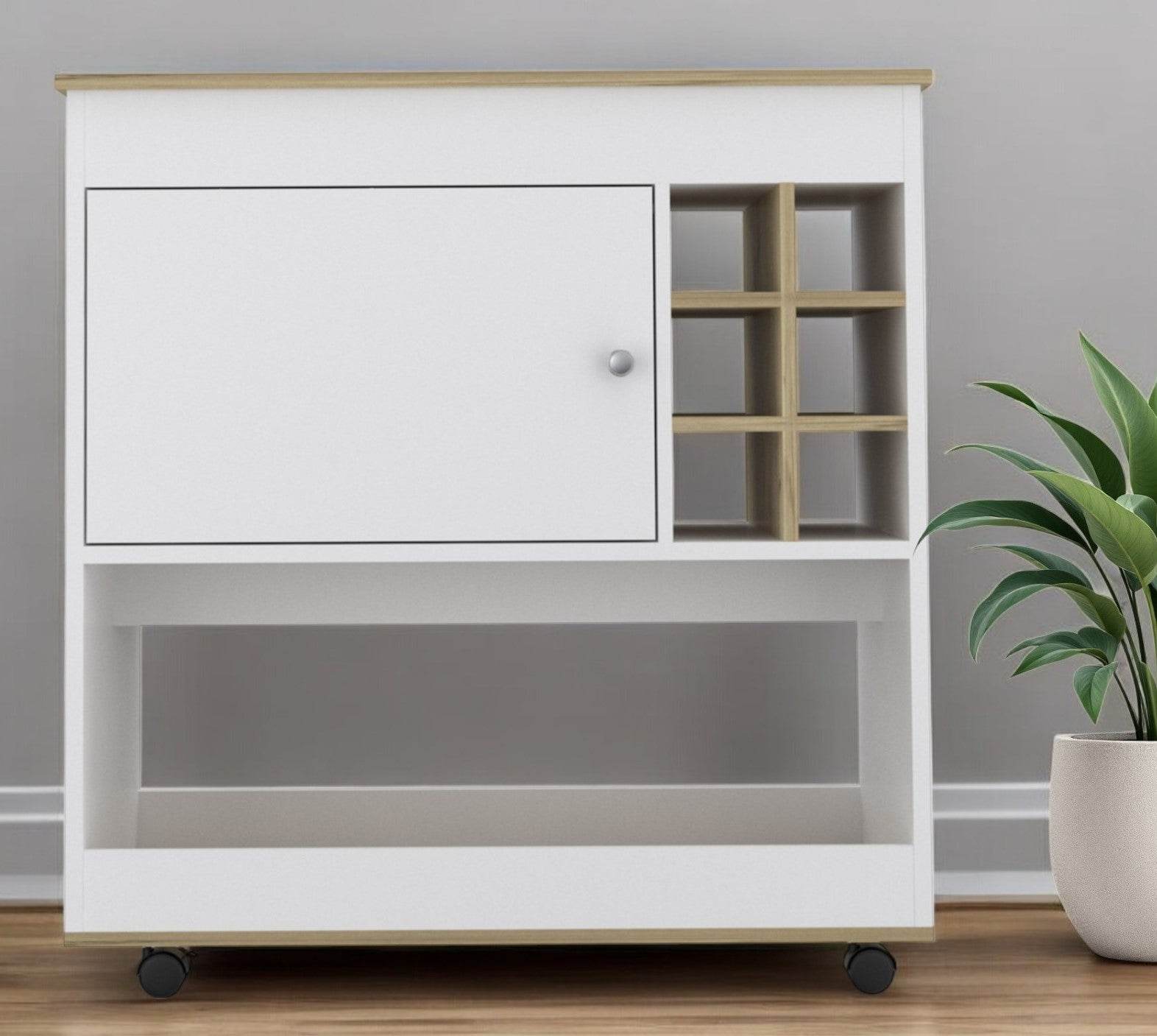 Brown and White Rolling Bar Cart With Wine Storage - Loft&Timber