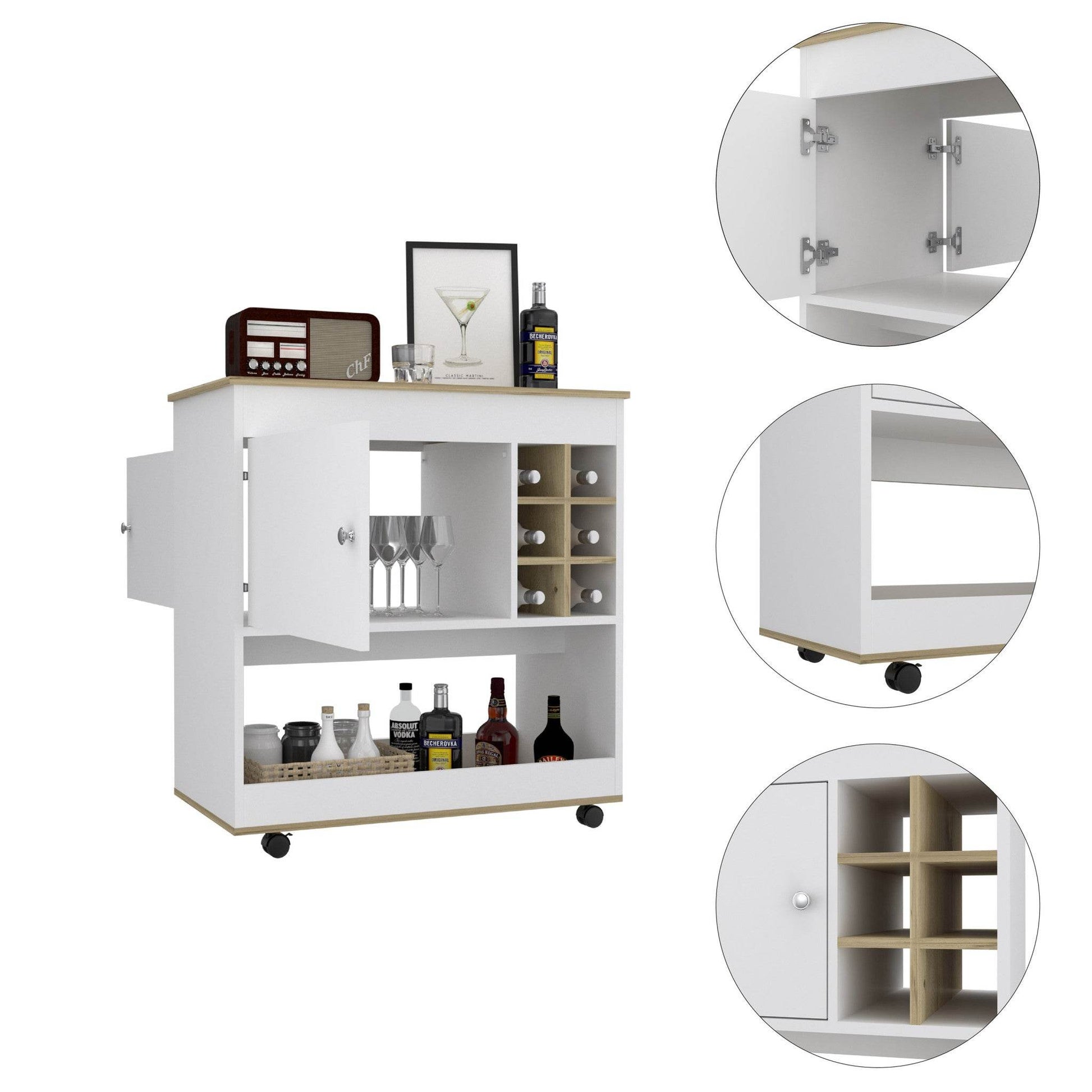 Brown and White Rolling Bar Cart With Wine Storage - Loft&Timber