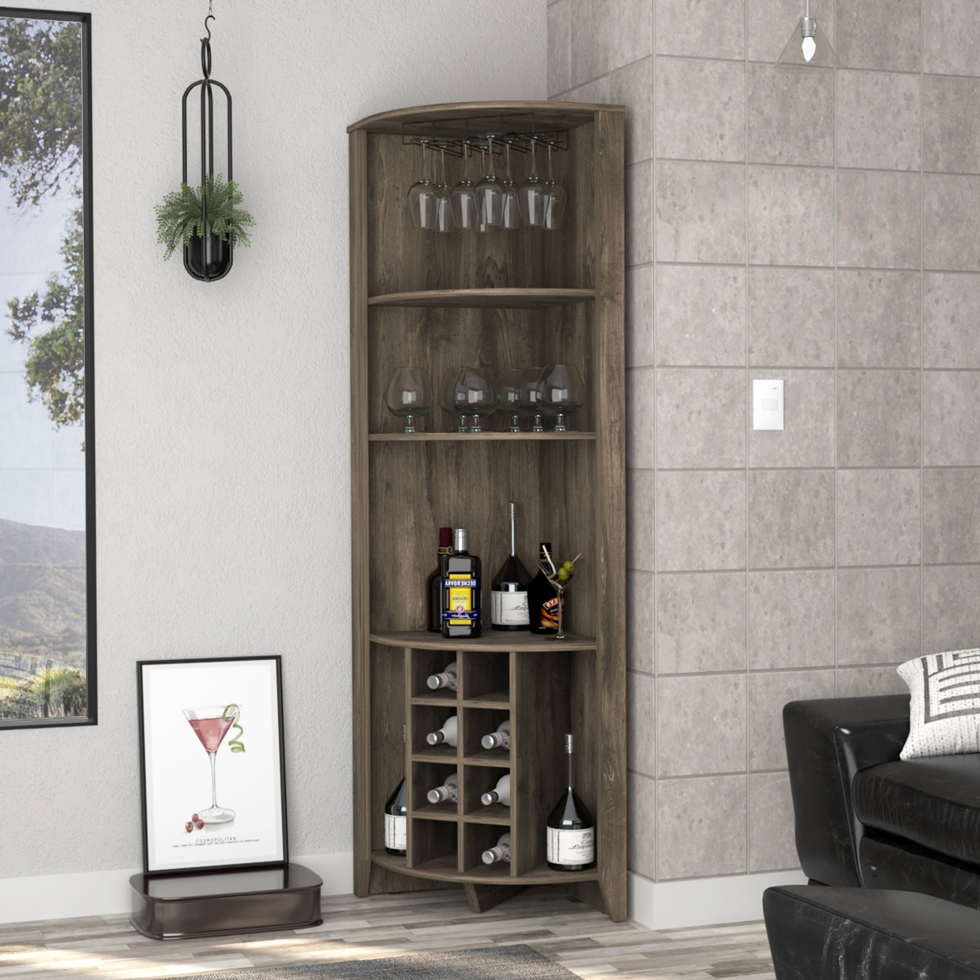 71" Dark Brown Wood Corner Bar Cabinet - Loft&Timber