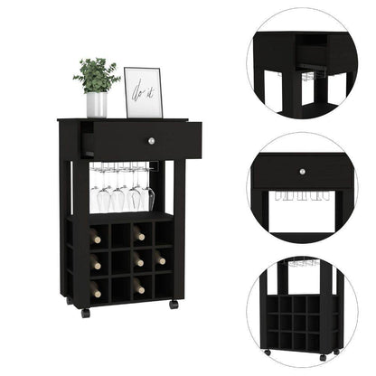 Black Rolling Bar Cart With Wine Storage - Loft&Timber