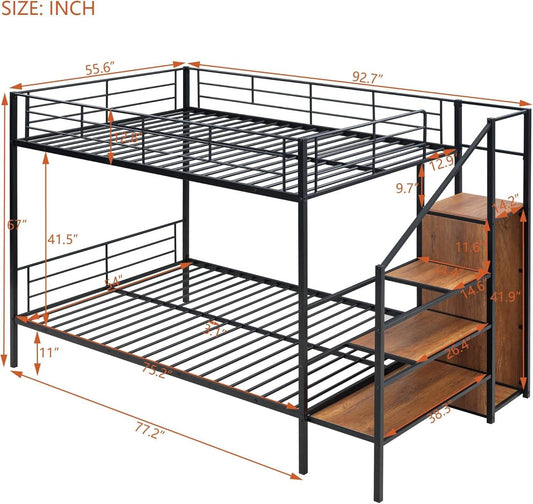 Full over Full Metal Bunk Bed，Bunk Bed with Storage Stairs and Wardrobe, Bunk Bed for Adults/Kids/Teens, Bunk Bed for School, Bedroom, Black - Loft&Timber
