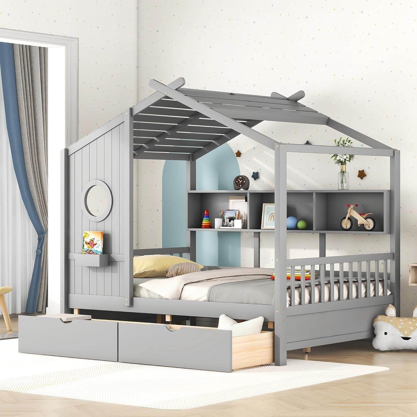 Kids Full Playhouse Bed with Drawers Shelves - Loft&Timber