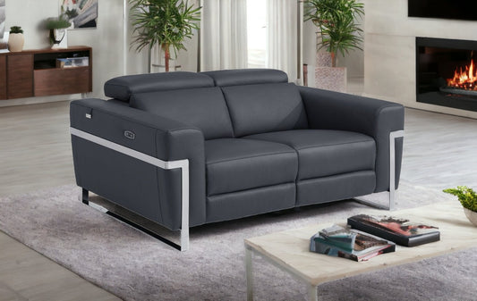 65" Gray And Silver Italian Leather Power Reclining Loveseat - Loft&Timber