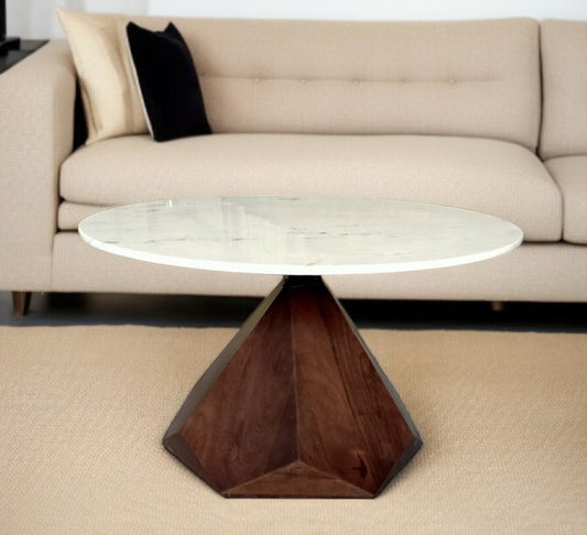 32" Brown And White Solid Wood and Marble Geo Coffee Table - Loft&Timber