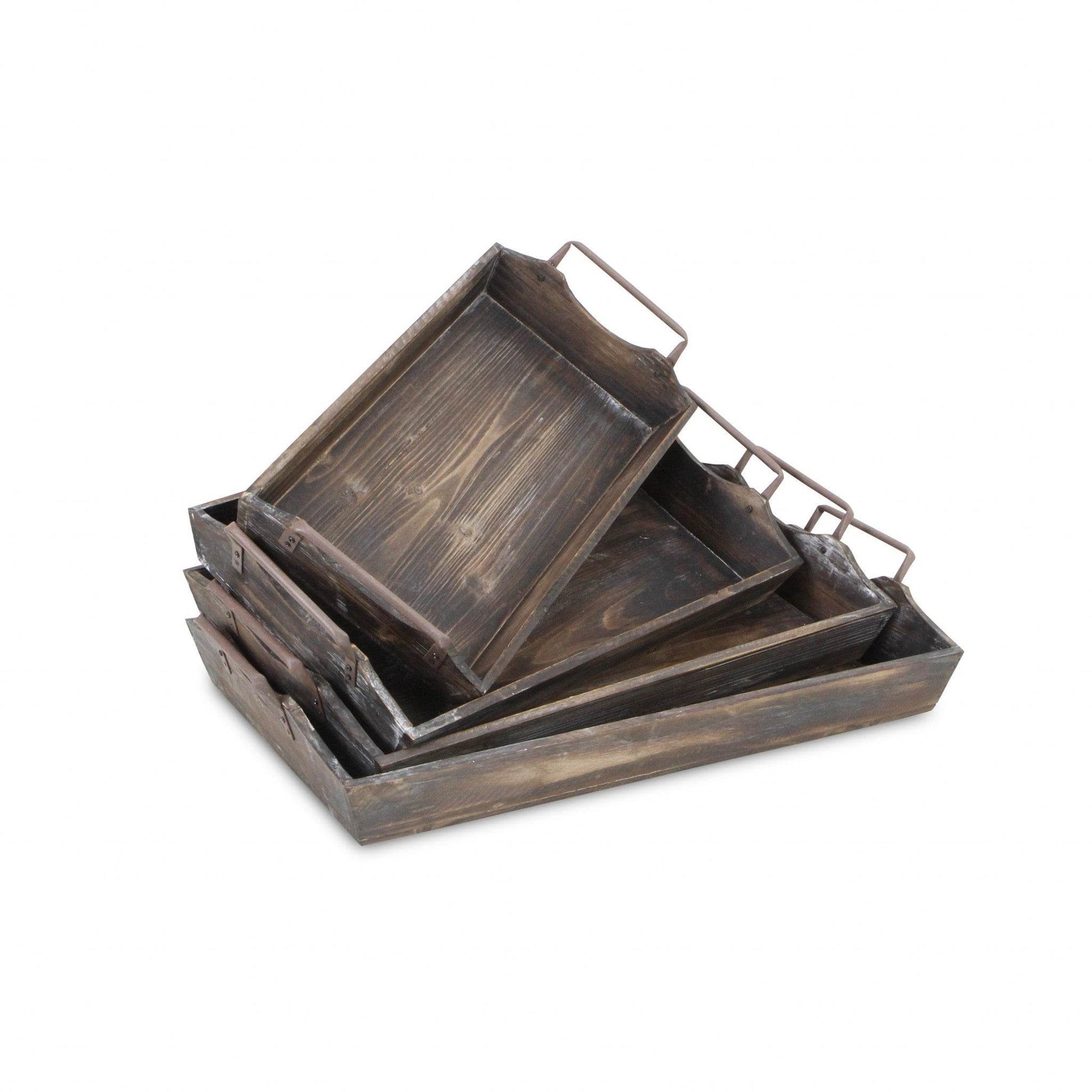 Set of Four Brown Wood Handmade Serving Tray With Handles - Loft&Timber