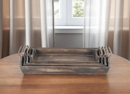 Set of Four Brown Wood Handmade Serving Tray With Handles - Loft&Timber