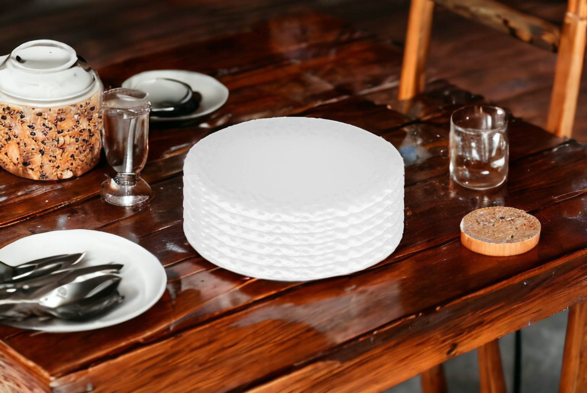White Six Piece Round Pebbled Porcelain Service For Six Salad Plate Set - Loft&Timber
