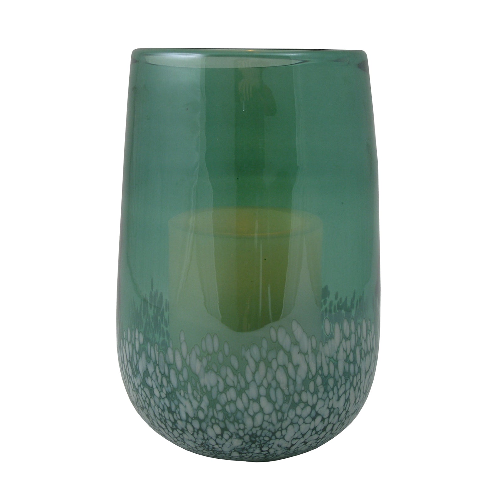 8" Green And White Glass Tabletop Hurricane Candle Holder With Candle - Loft&Timber