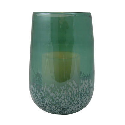 8" Green And White Glass Tabletop Hurricane Candle Holder With Candle - Loft&Timber