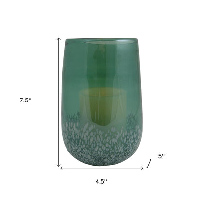 8" Green And White Glass Tabletop Hurricane Candle Holder With Candle - Loft&Timber