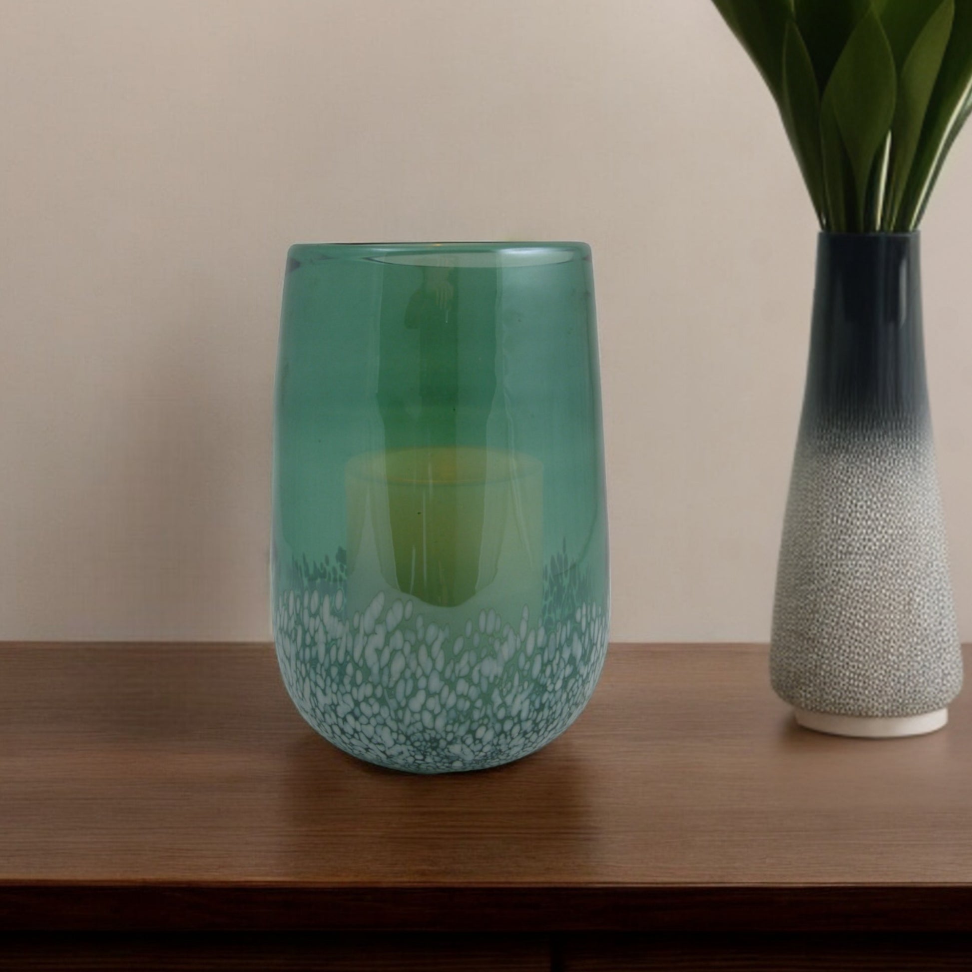 8" Green And White Glass Tabletop Hurricane Candle Holder With Candle - Loft&Timber