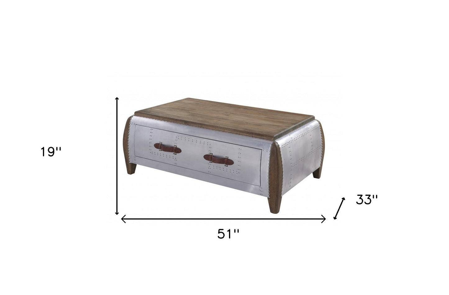51" Brown and Gray Solid Wood And Aluminum Solid Coffee Table With Drawer-3