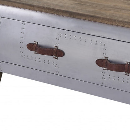 51" Brown and Gray Solid Wood And Aluminum Solid Coffee Table With Drawer-2