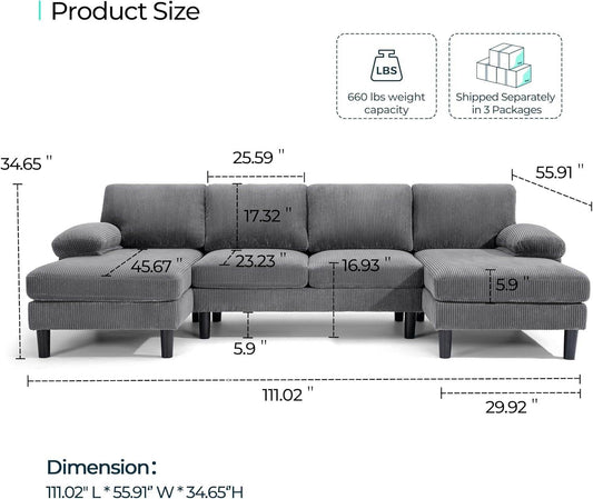 Sectional Couch, 111'' W Corduroy U Shaped Sofa with Sleepable Armrests, 4 Seat Couch with Double Chaises, Deep Sofa for Living Room, Grey-1