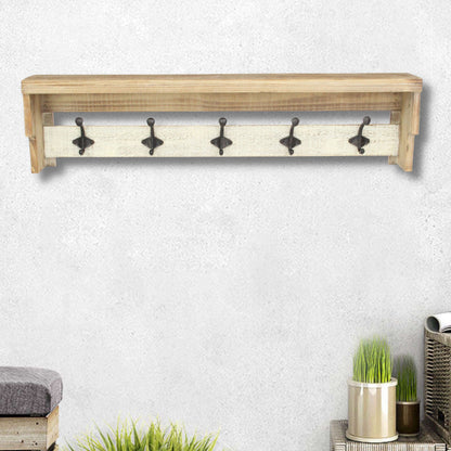 32" Natural Wood Five Hook Wall Mount Coat Rack-8