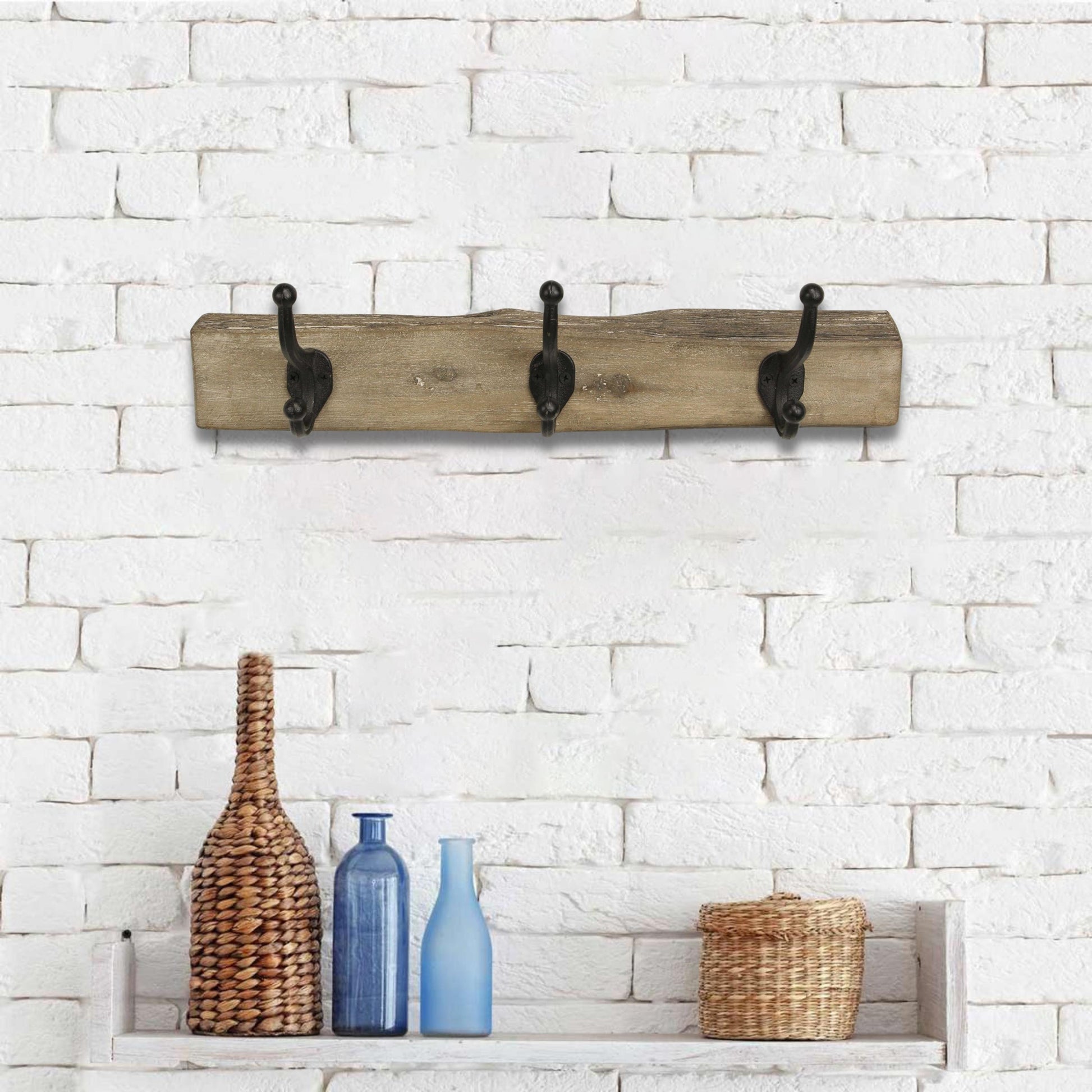19" Brown Natural Rustic Live Edge Wood Three Hook Wall Mount Coat Rack-7