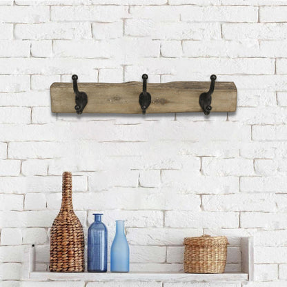 19" Brown Natural Rustic Live Edge Wood Three Hook Wall Mount Coat Rack-7