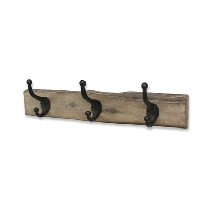 19" Brown Natural Rustic Live Edge Wood Three Hook Wall Mount Coat Rack-4