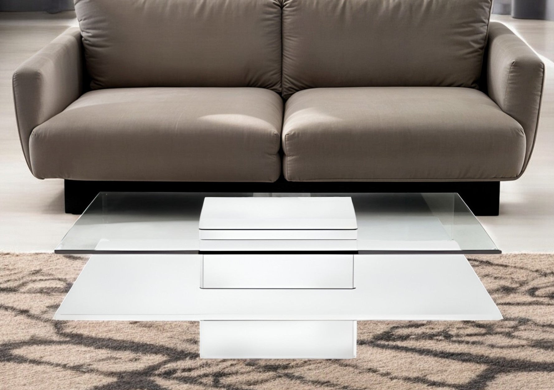 39" Clear and White Glass And Wood Square Pedestal Coffee Table With Shelf-0