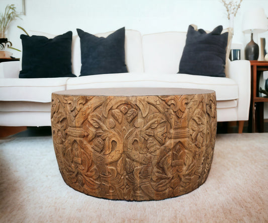 32" White and Natural Iron and Solid Wood Round Drum Coffee Table - Loft&Timber