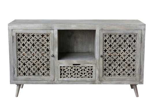 55" Gray Solid Wood Cabinet Enclosed Storage Worn TV Stand-1