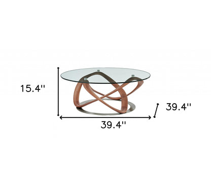 39" Clear and Brown Glass And Solid Wood Round Abstract Coffee Table - Loft&Timber