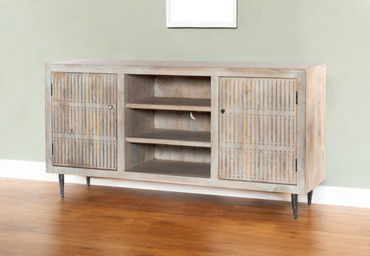 60" Ivory Carved Geometric Distressed Solid Wood Enclosed and Open Storage TV Stand-1