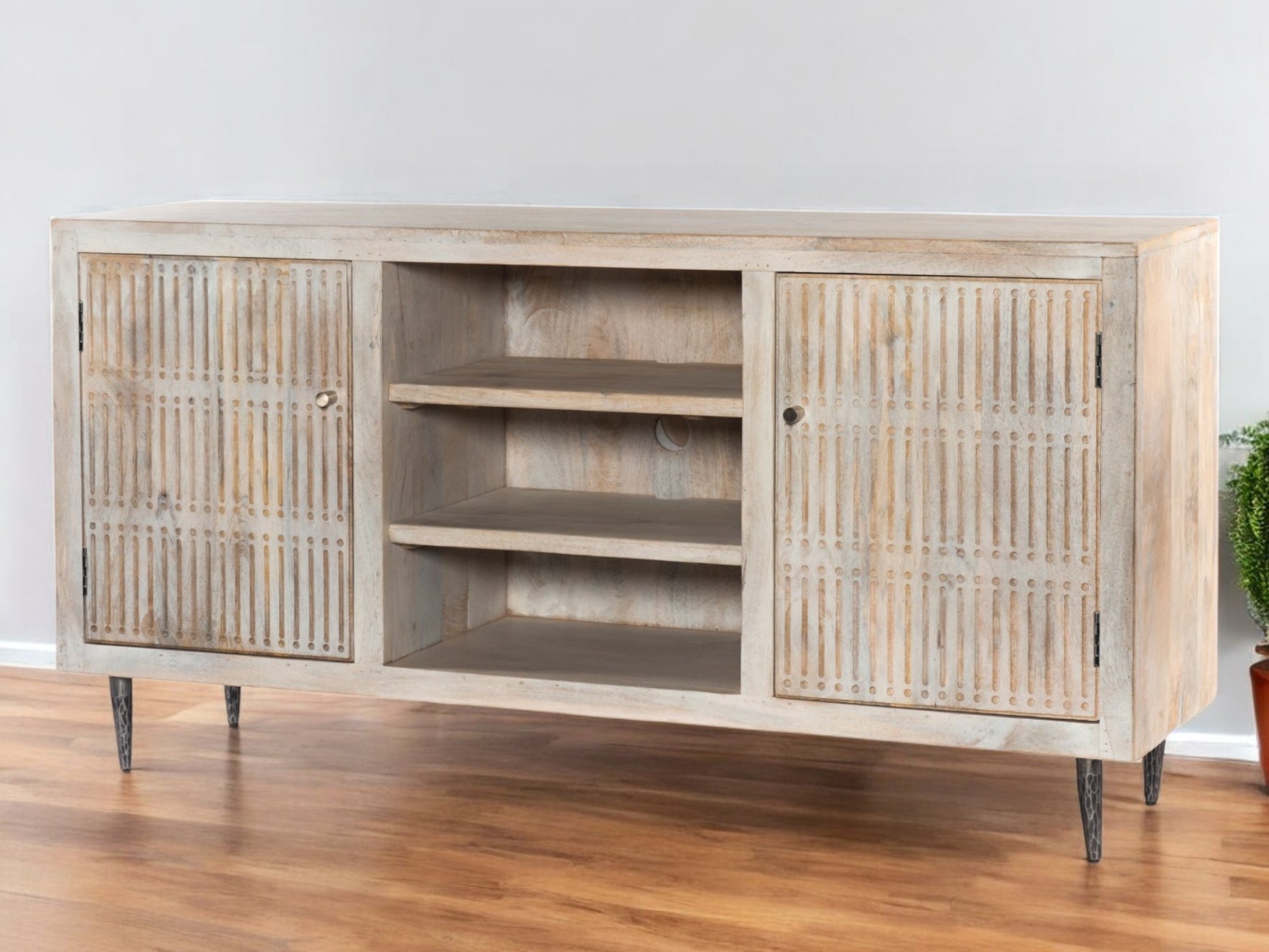 60" Ivory Carved Geometric Distressed Solid Wood Enclosed and Open Storage TV Stand-0