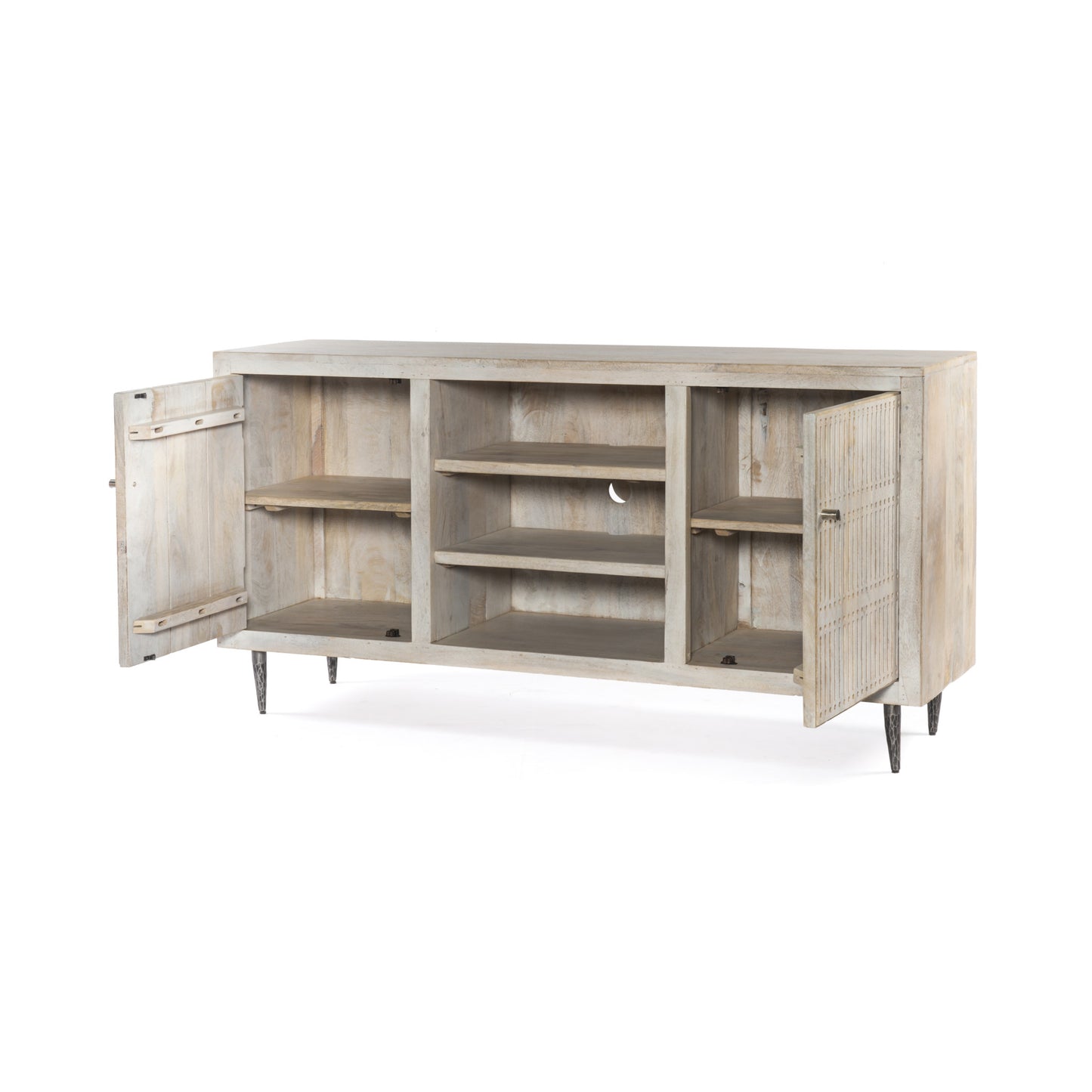 60" Ivory Carved Geometric Distressed Solid Wood Enclosed and Open Storage TV Stand-3