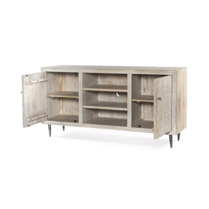 60" Ivory Carved Geometric Distressed Solid Wood Enclosed and Open Storage TV Stand-3