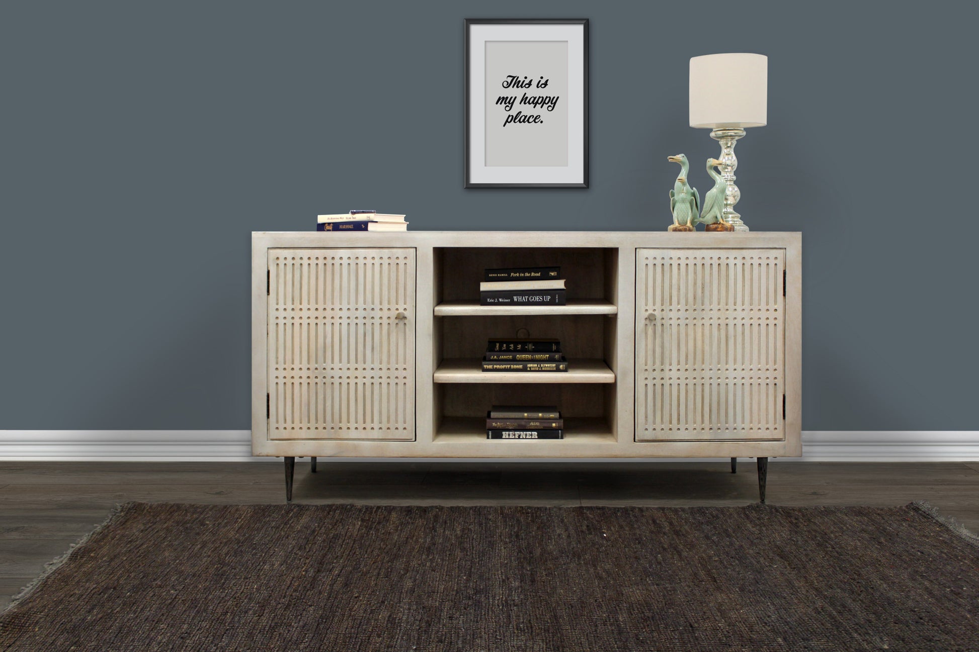 60" Ivory Carved Geometric Distressed Solid Wood Enclosed and Open Storage TV Stand-7