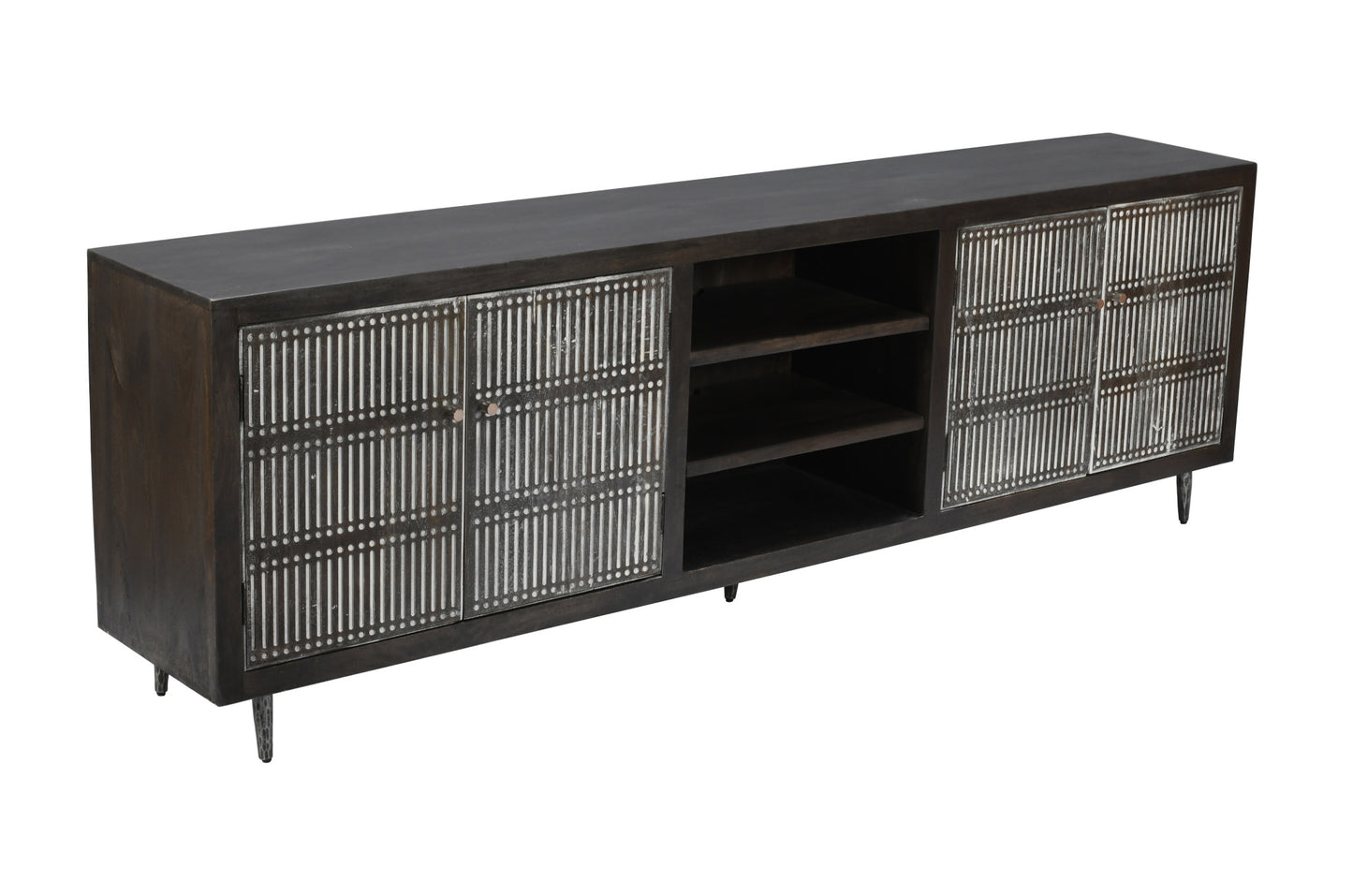 92" Dark Brown Carved Geometric Distressed Solid Wood Enclosed and Open Storage TV Stand-3