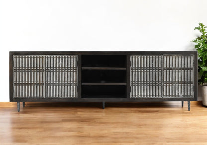 92" Dark Brown Carved Geometric Distressed Solid Wood Enclosed and Open Storage TV Stand-0