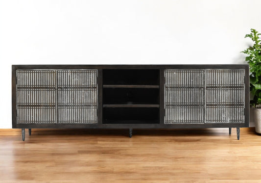 92" Dark Brown Carved Geometric Distressed Solid Wood Enclosed and Open Storage TV Stand-0