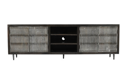 92" Dark Brown Carved Geometric Distressed Solid Wood Enclosed and Open Storage TV Stand-2