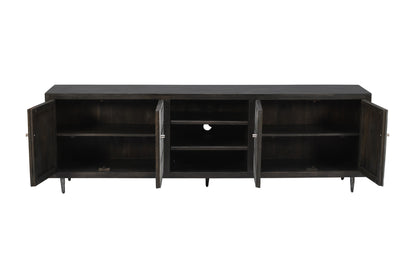 92" Dark Brown Carved Geometric Distressed Solid Wood Enclosed and Open Storage TV Stand-4