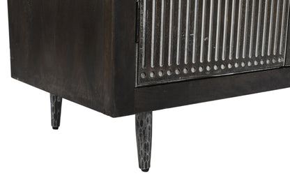 92" Dark Brown Carved Geometric Distressed Solid Wood Enclosed and Open Storage TV Stand-5