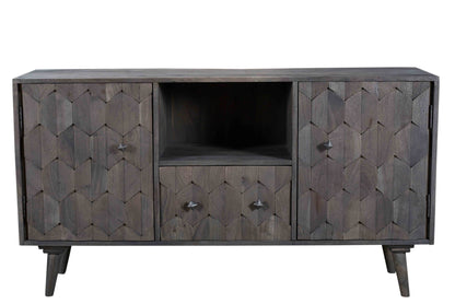 55" Dark Gray Carved Geometric Distressed Solid Wood Enclosed and Open Storage TV Stand-1