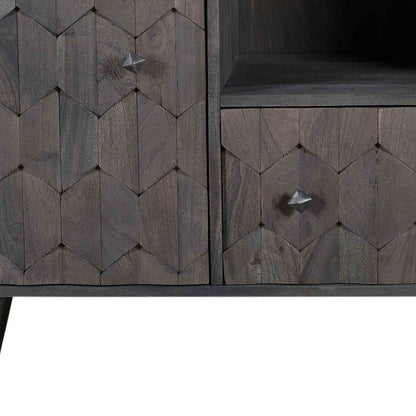 55" Dark Gray Carved Geometric Distressed Solid Wood Enclosed and Open Storage TV Stand-6
