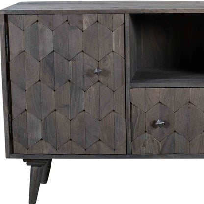 55" Dark Gray Carved Geometric Distressed Solid Wood Enclosed and Open Storage TV Stand-7