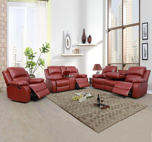 Leather Recliner Sofa Set, Red (Sofa Set 3 Pieces) - Loft&Timber