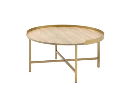34" Oak and Gold Wood And Metal Round Sled Coffee Table - Loft&Timber