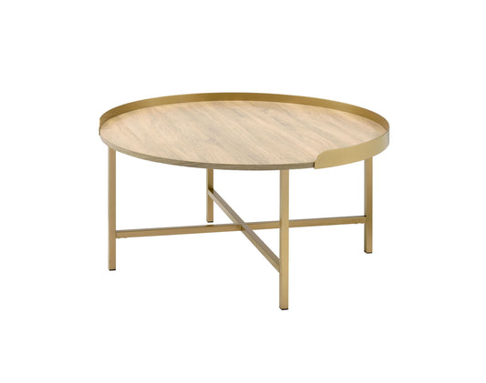 34" Oak and Gold Wood And Metal Round Sled Coffee Table - Loft&Timber